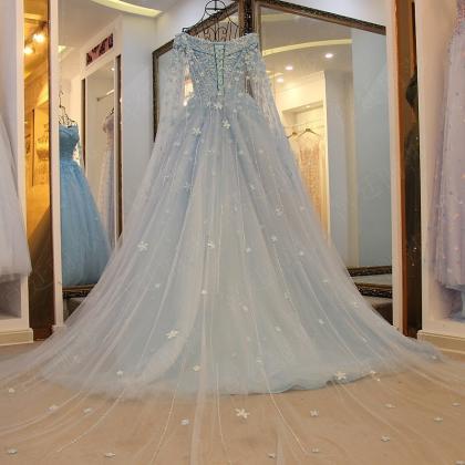 Elegant 2018 A Line Tulle Light Blue Prom Dresses..