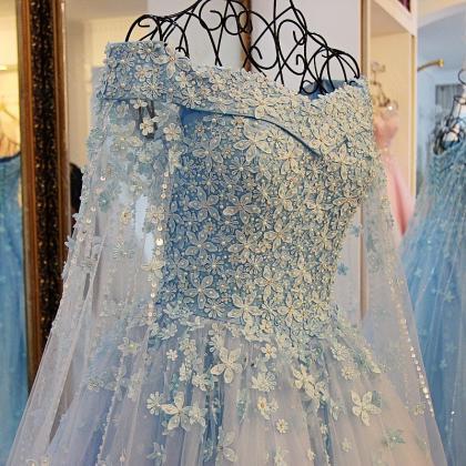 Elegant 2018 A Line Tulle Light Blue Prom Dresses..