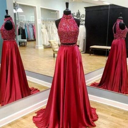 2017 Red Two Pieces Long Prom Dresses Sleeveless..
