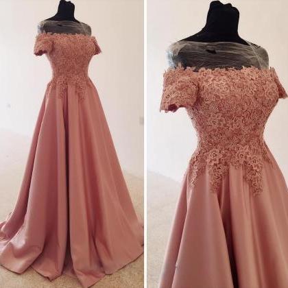 Off-the-shoulder Satin Prom Dress, Beaded Lace..