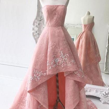 Pink Lace High Low Prom Dress, Pink Homecoming..