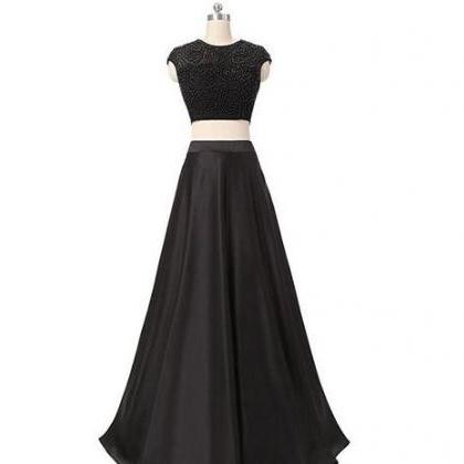Black Two-piece Beaded Satin Long Evening Dress,..