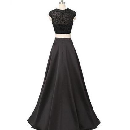 Black Two-piece Beaded Satin Long Evening Dress,..