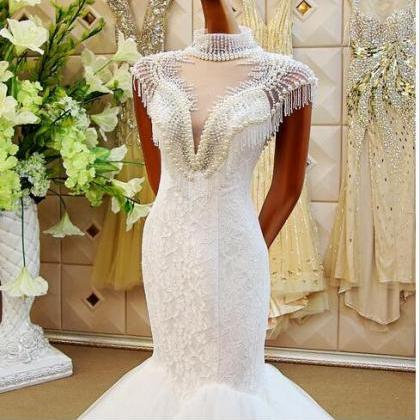 Luxury Mermaid Pearls Wedding Dresses High Neck..