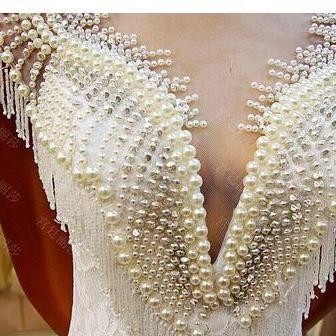 Luxury Mermaid Pearls Wedding Dresses High Neck..