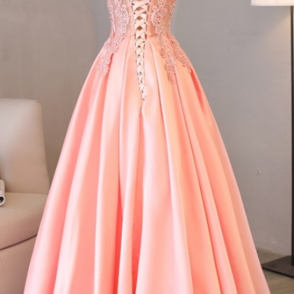 Charming Prom Dress, Cap Sleeve Pink Appliques..