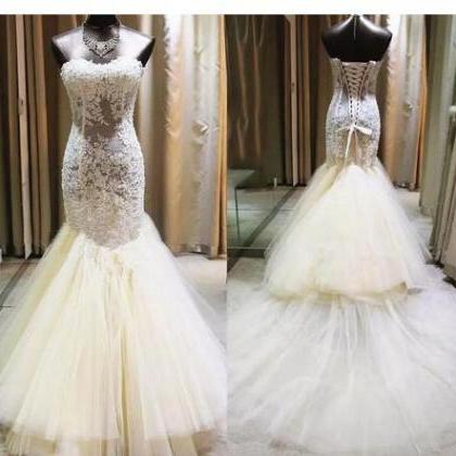 Real Picture Elegant Mermaid Lace Wedding Dresses..