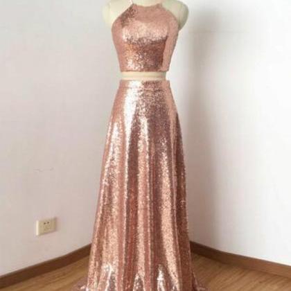 2018 Two Piece Prom Dress Lace Pink Long Prom..