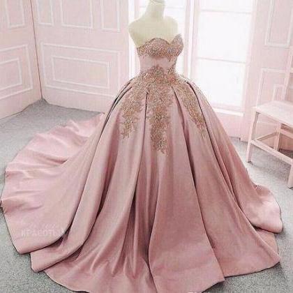 Sweetheart With Gold Lace Appliques Ball Gown Prom..
