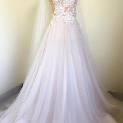 White V Neck Lace Applique Long Prom Dress, White..
