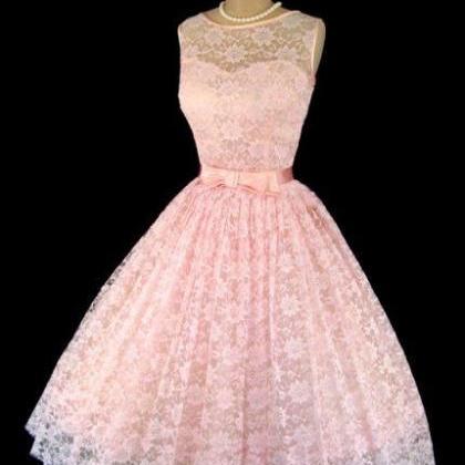 1950s A Line Vintage Pink Lace Prom Dresses..