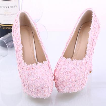 Women Shoes, Light Pink Lace Pearls Wedding Shoes,..