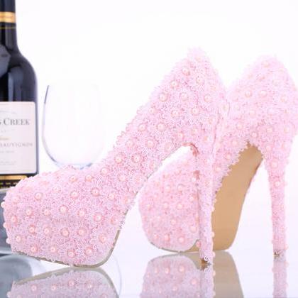 Women Shoes, Light Pink Lace Pearls Wedding Shoes,..