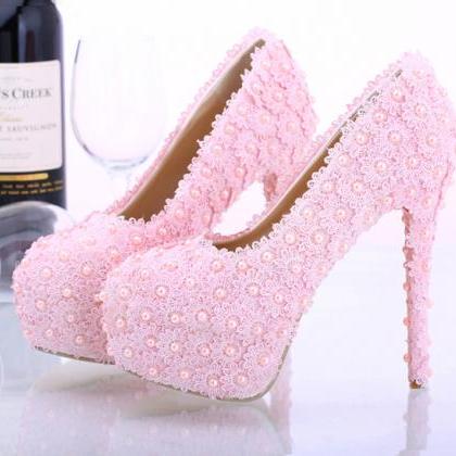Women Shoes, Light Pink Lace Pearls Wedding Shoes,..