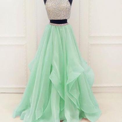 Unique Two Pieces Sequin Green Long Prom Dress,..