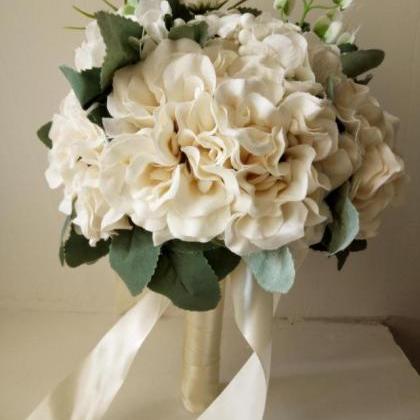 Wedding Bouquet Ivory Handmade Flower With Leaves..