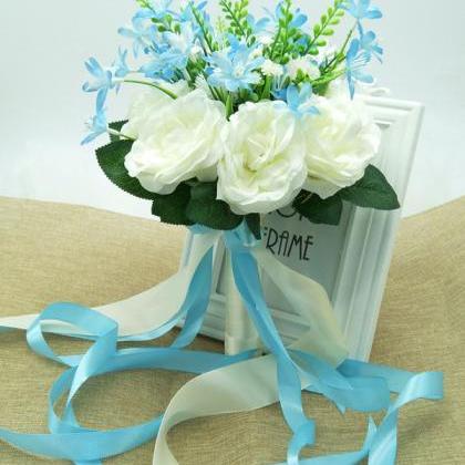 Wedding Bouquet Handmade Flowers White With Blue..