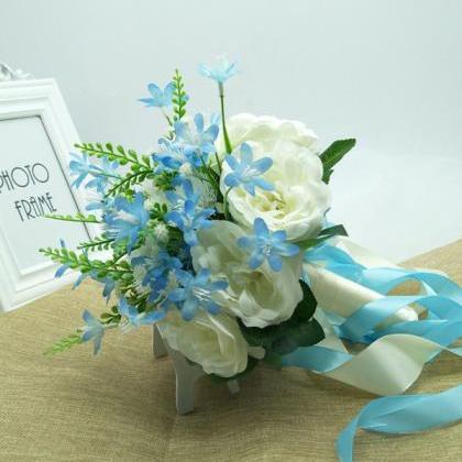 Wedding Bouquet Handmade Flowers White With Blue..