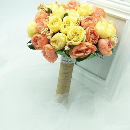Wedding Bouquet Handmade Flowers Yellow Peony..