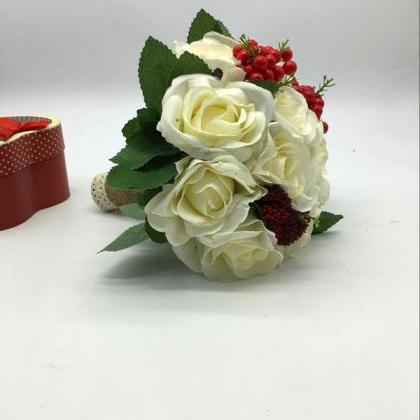Wedding Bouquet Handmade Flowers Ivory With Red..