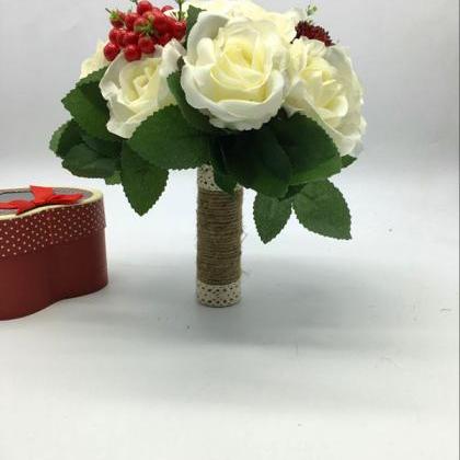 Wedding Bouquet Handmade Flowers Ivory With Red..