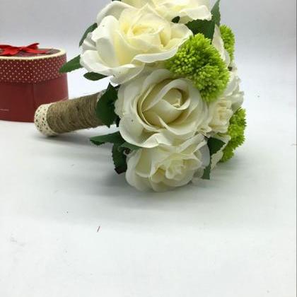 Wedding Bouquet Handmade Flowers Ivory With Green..