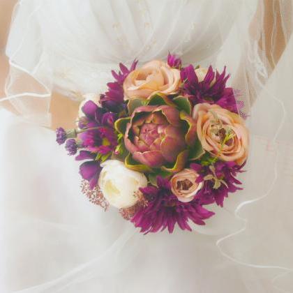 Wedding Bouquet Handmade Flowers Purple Peony..
