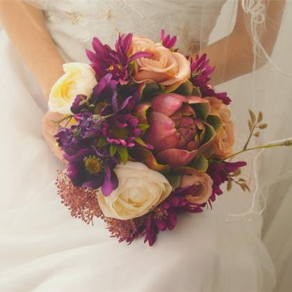 Wedding Bouquet Handmade Flowers Purple Peony..