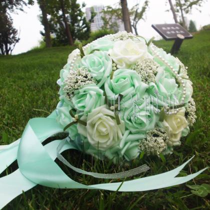 Wedding Bouquet Handmade Flowers Mint And Ivory..