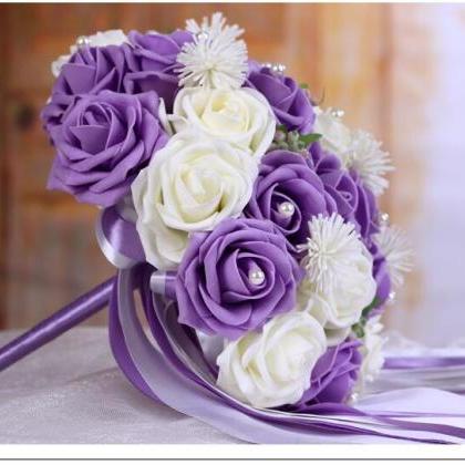 Wedding Bouquet Handmade Flowers Purple And Ivory..