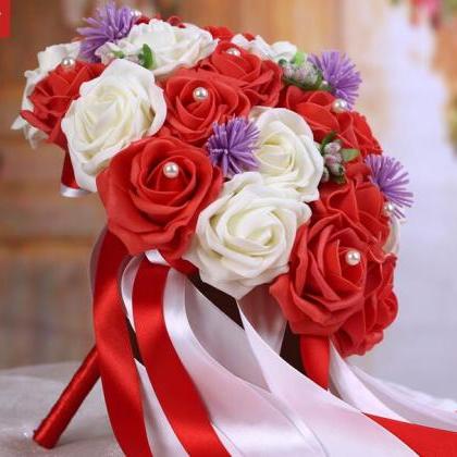 Wedding Bouquet Handmade Flowers Red And Ivory..
