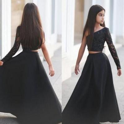 Black One Shoulder Long Sleeve Kids Prom Dresses A Line Two Piece Beaded Flower Girls Dresses