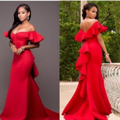 Gorgeous Red Off Shoulder Prom Dresses 2018 Satin Backless Mermaid Evening Gowns Saudi Arabia Ruched Sweep Train Formal Party Dress