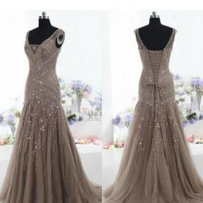 Actual Images 2018 Vintage Mother of the Bride Dresses Mermaid V Neck Applique Beads Tulle Corset Custom Made Mother Formal Evening Gowns