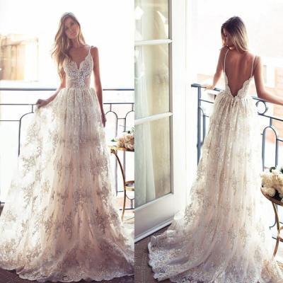 2018 A-line Long Spaghetti V-back Sexy Lace Bridal Gown, Wedding Party Dress