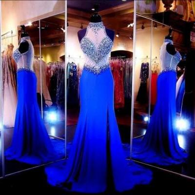 Royal Blue Mermaid High Neck Prom Dresses With Beaded Crystal Side Split Back Sheer Tulle Rode de Soirre Formal Chiffon Evening Gowns