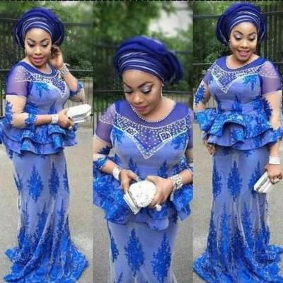 Plus Size African Royal Blue Mermaid Evening Dresses Pearls Beaded Nigerian Lace Appliques Aso Ebi Prom Gowns Mother Of The Bridal
