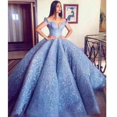 2018 Off the Shoulder Ball Gown Quinceanera Dresses Applique Lace Sweet 16 Prom Gowns Vestidos De Quinceanera Baby Blue Pageant Party Dress