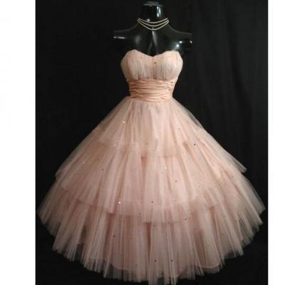 Vintage 50's Shell Pink Prom Dresses Strapless Layered Tulle Sequins Tea Length Short Homecoming Dress Ball Gown Wedding Party Gowns