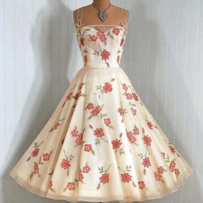 Vintage Floral A-line Tea-length Evening Dress with Sweetheart Neckline