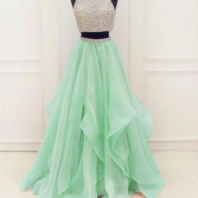 unique two pieces sequin green long prom dress, evening dress