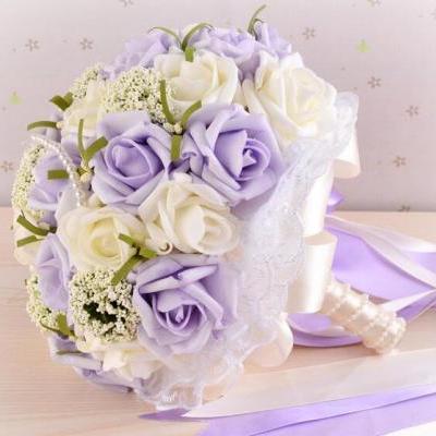 New Arrival Wedding Bouquet Handmade Flowers Ivory and Light Purple Rose with Pearls Bridal Bouquet Wedding bouquets