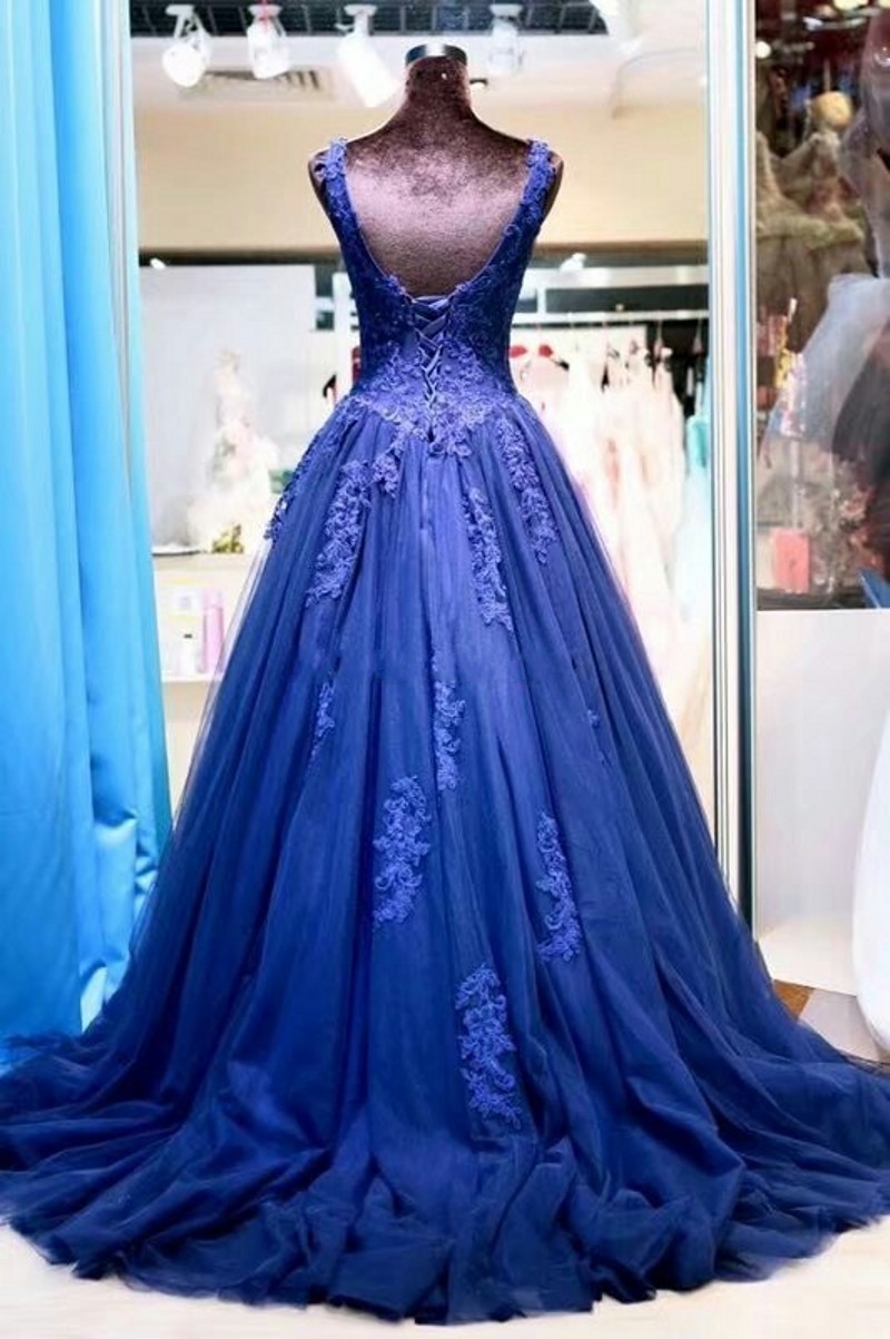 Navy Blue V-neck Sleeveless Lace Applique Crytsal Prom Dresses Custom Made Lace Evening Prom Gown Vestido De Festa Longo