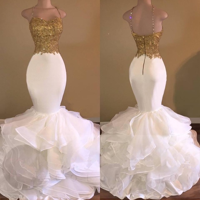 White And Gold Prom Dresses Mermaid Spaghetti Strap Appliques Lace Ruffles Organza Backless Long Evening Gowns