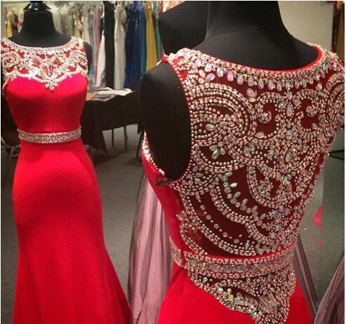 Real Image 2018 Crew Neck Red Satin Floor Length Mermaid Prom Dresses Beaded Stones Top Long Evening Party Gowns