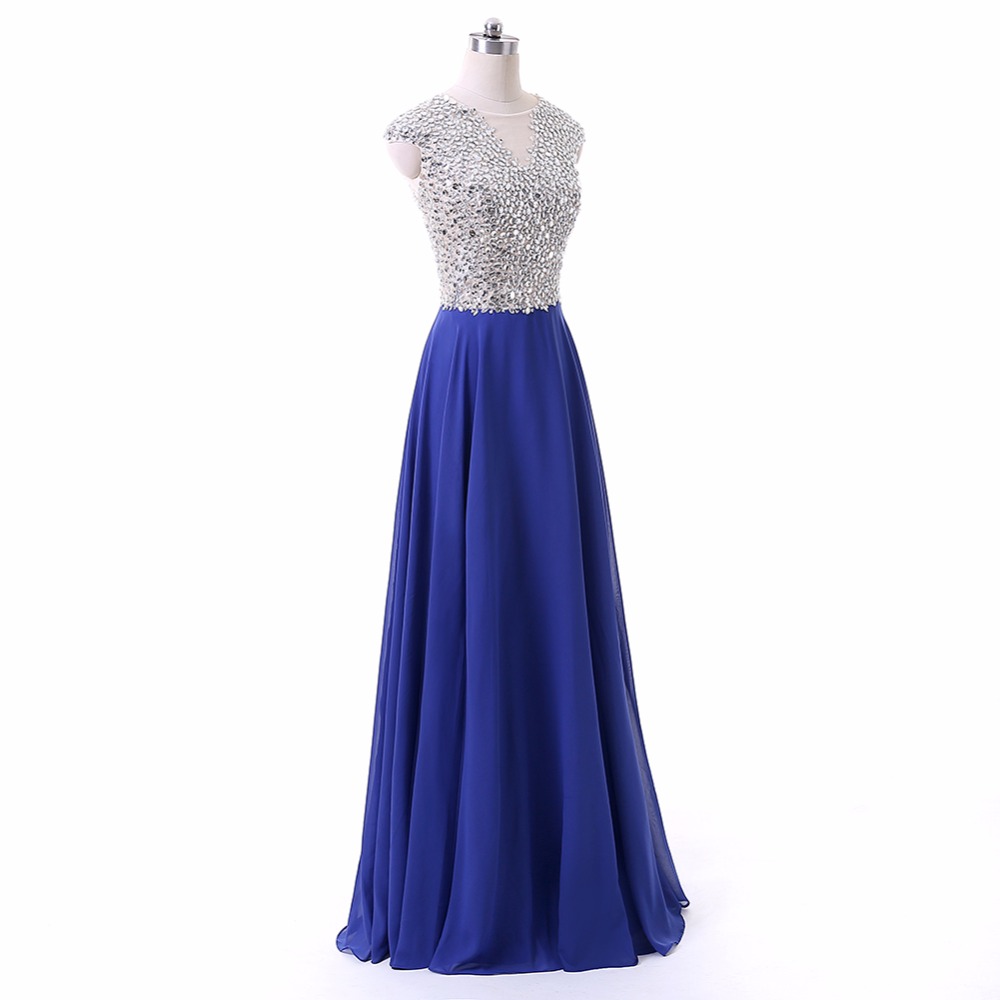 V-neck Jewel Embellished Chiffon A-line Floor-length Prom Dress, Evening Dress With Sheer Back
