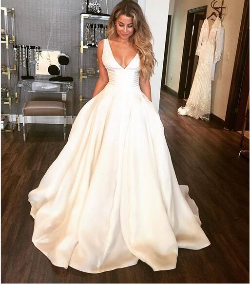 satin deep v neck wedding dress