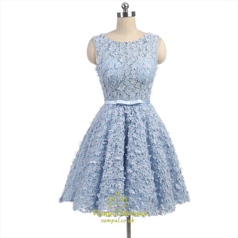Light Blue Short Lace Sleeveless Homecoming Dresses Mini Short Prom Dress With Floral Appliques