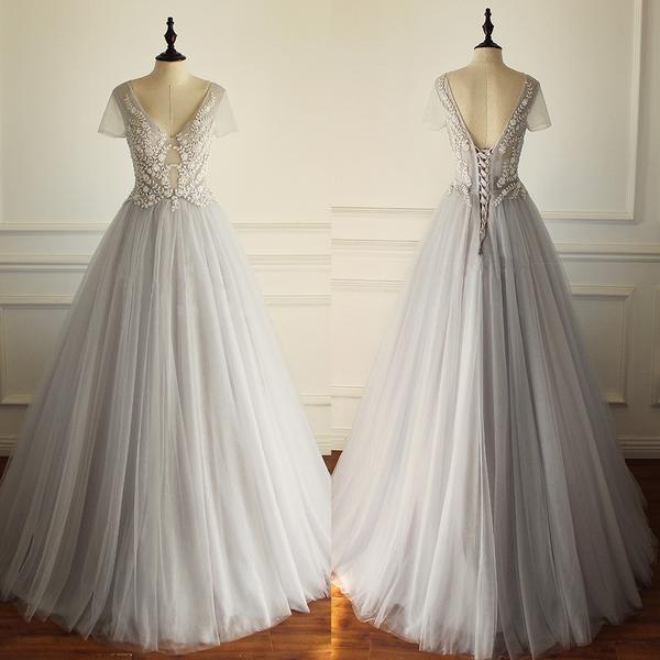 Charming Lace Up Back Tulle Short Sleeves Gorgeous V Neck Sexy Pretty Wedding Dress , Bridals Dress