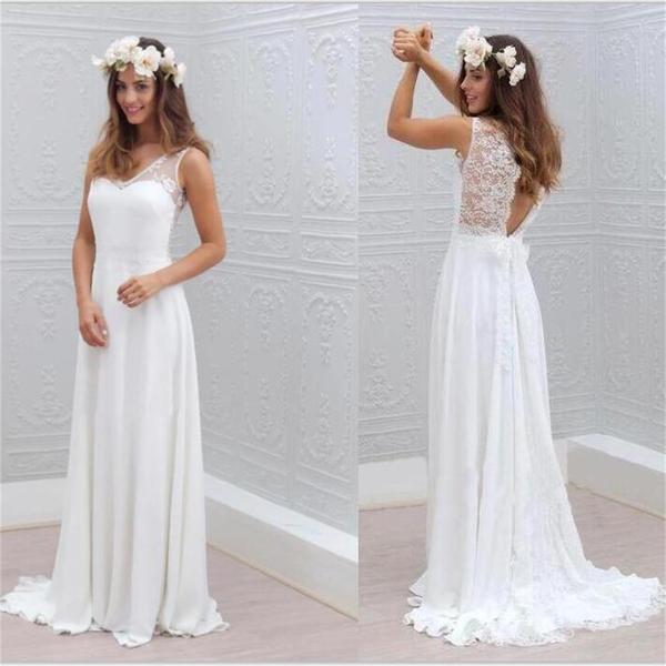 Chiffon Lace Simple Beach Cheap Open Back Beautiful Wedding Dresses